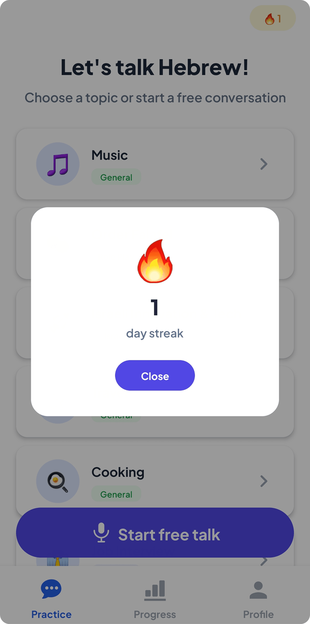 Daily streak celebration popup showing flame icon